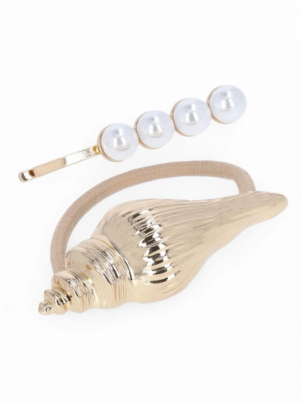 Gold Shell & Pearl Hair Clips and Hair Cuff Set, 5-Piece